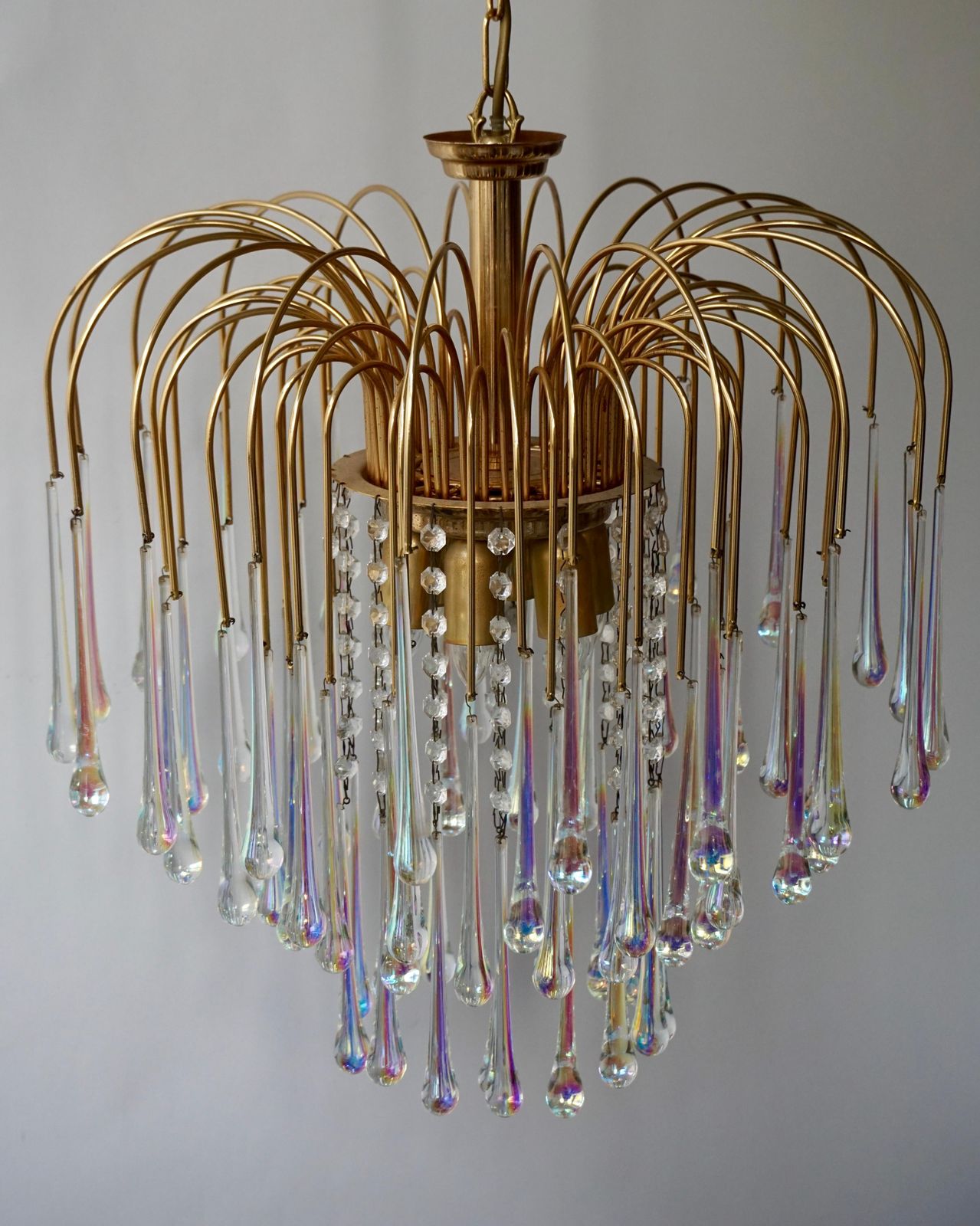 Italian Iridescent Murano Crystal Teardrop Waterfall Chandelier, 1950s photo Lighting