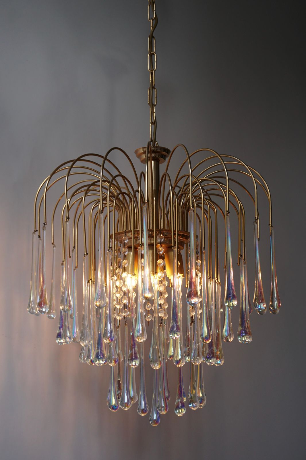 Italian Iridescent Murano Crystal Teardrop Waterfall Chandelier, 1950s photo vinterior