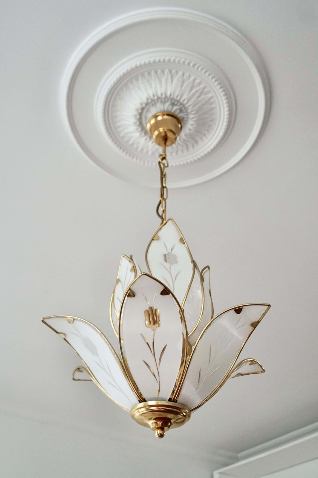 Two Elegant Brass Lotus Flower Chandelier With White Murano Glass Leaves photo for sale