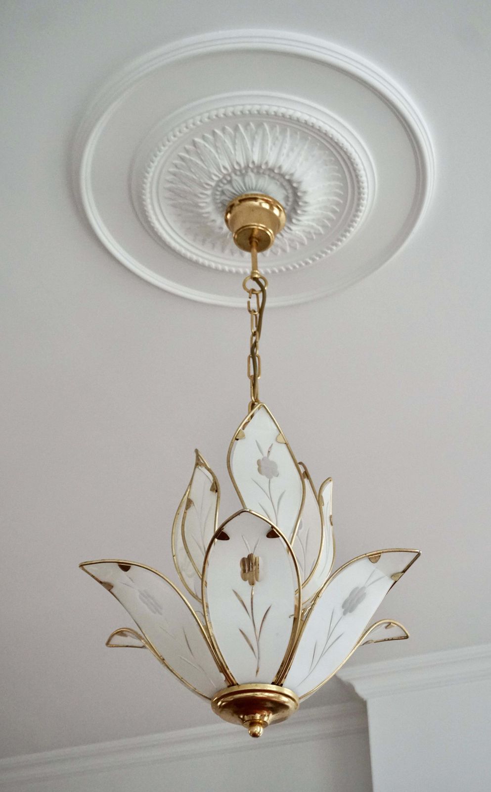Two Elegant Brass Lotus Flower Chandelier With White Murano Glass Leaves photo 2505.0