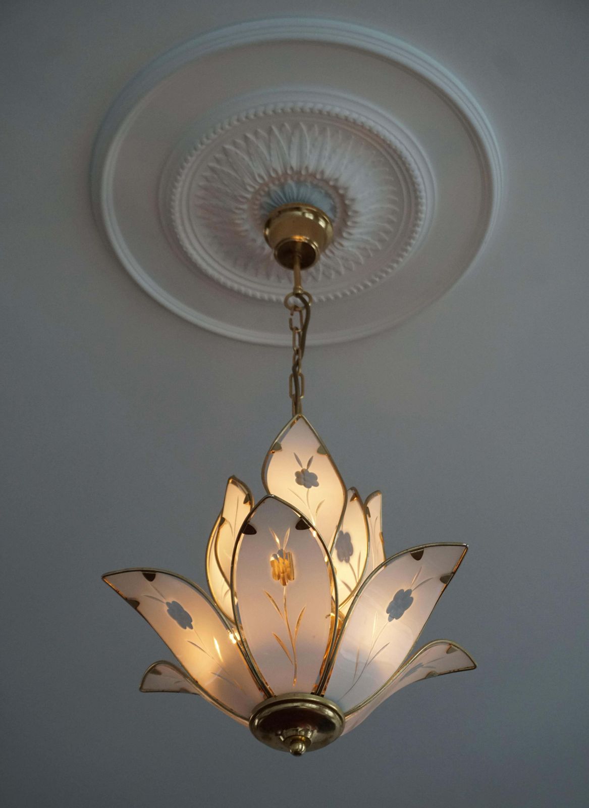 photo furniture Two Elegant Brass Lotus Flower Chandelier With White Murano Glass Leaves