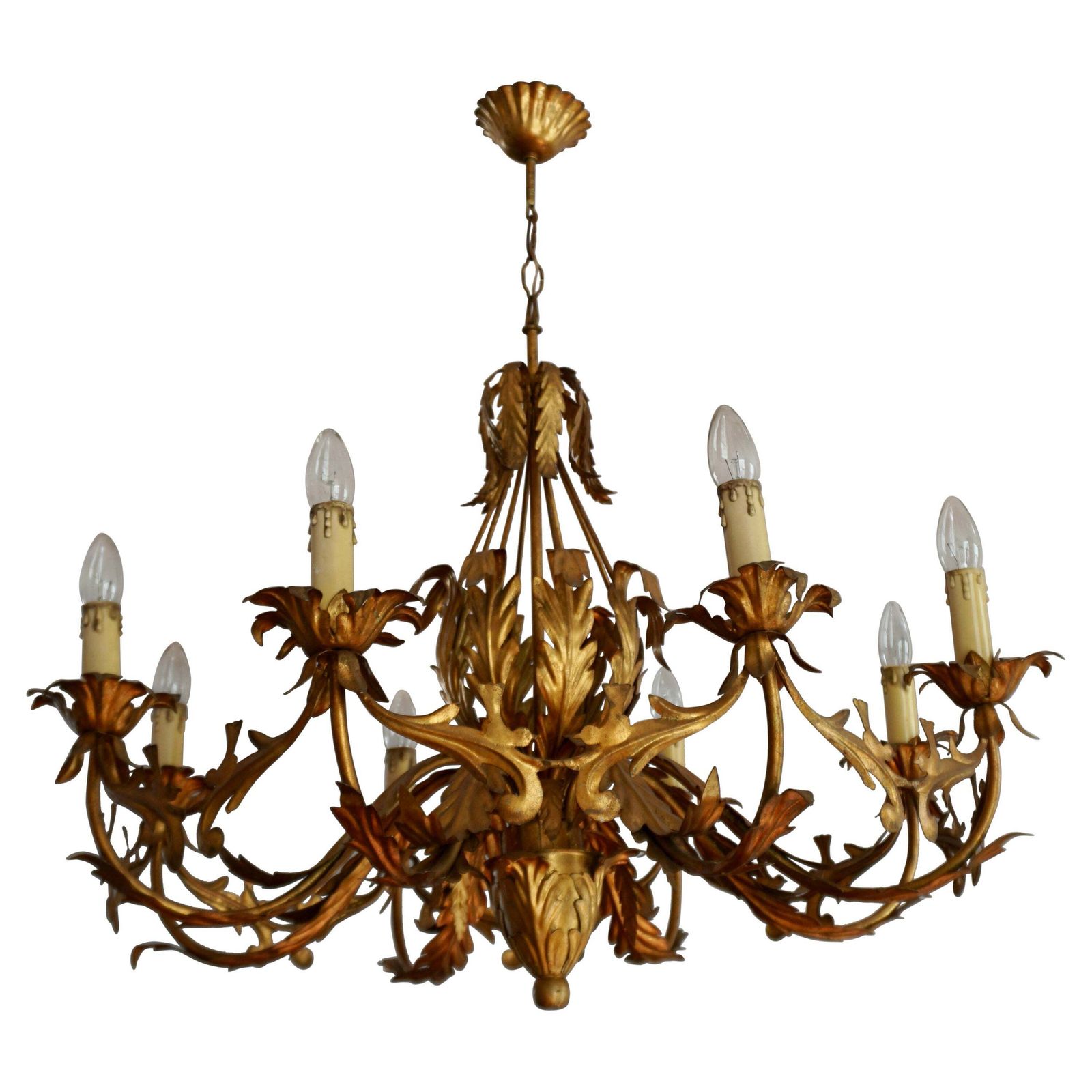 Large Italian Chandelier Pendant Light, Gilt Metal, 1970s