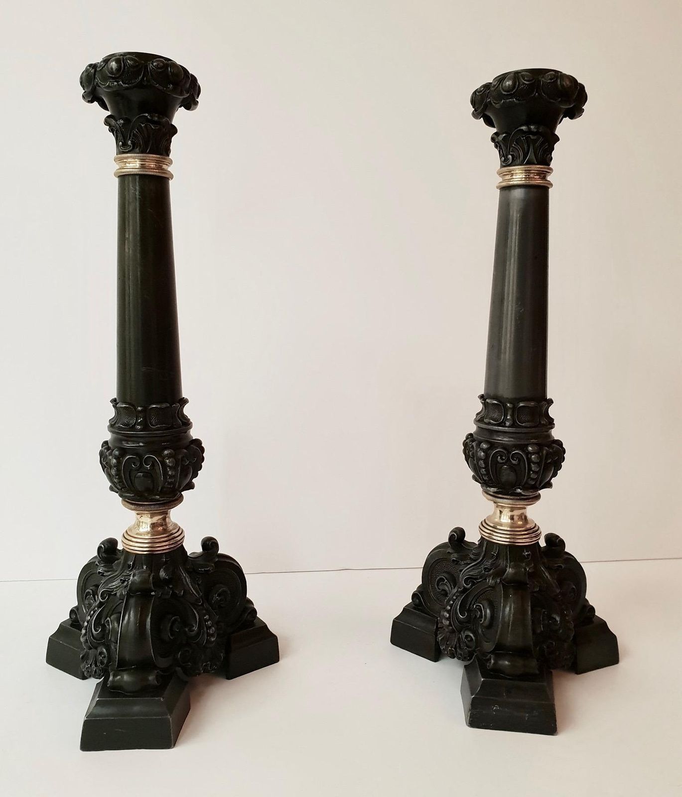 Italian Late 19th Century Pair Of Antique Brass Candleholders photo vintage