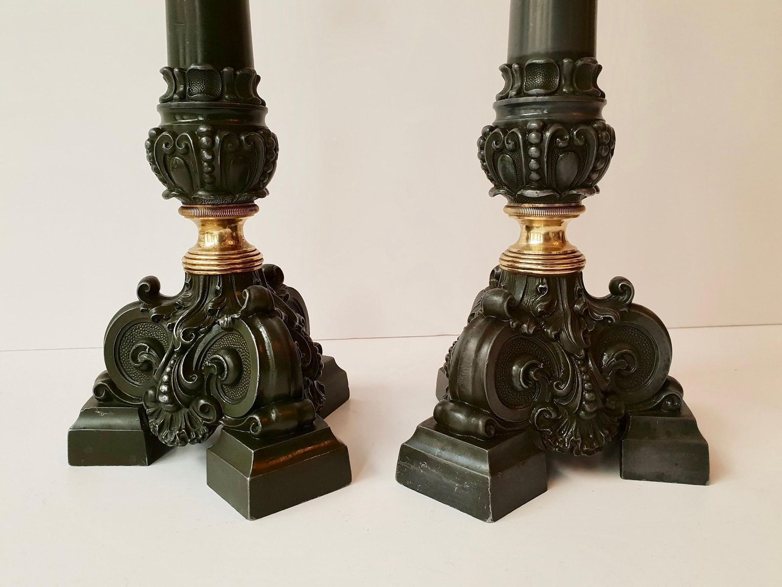 849.0 Italian Late 19th Century Pair Of Antique Brass Candleholders photo