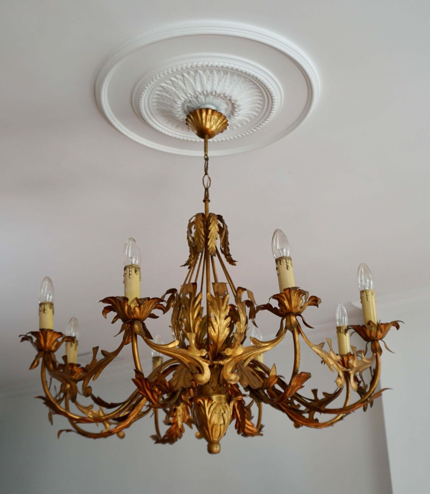 Large Italian Chandelier Pendant Light, Gilt Metal, 1970s photo 2887.0