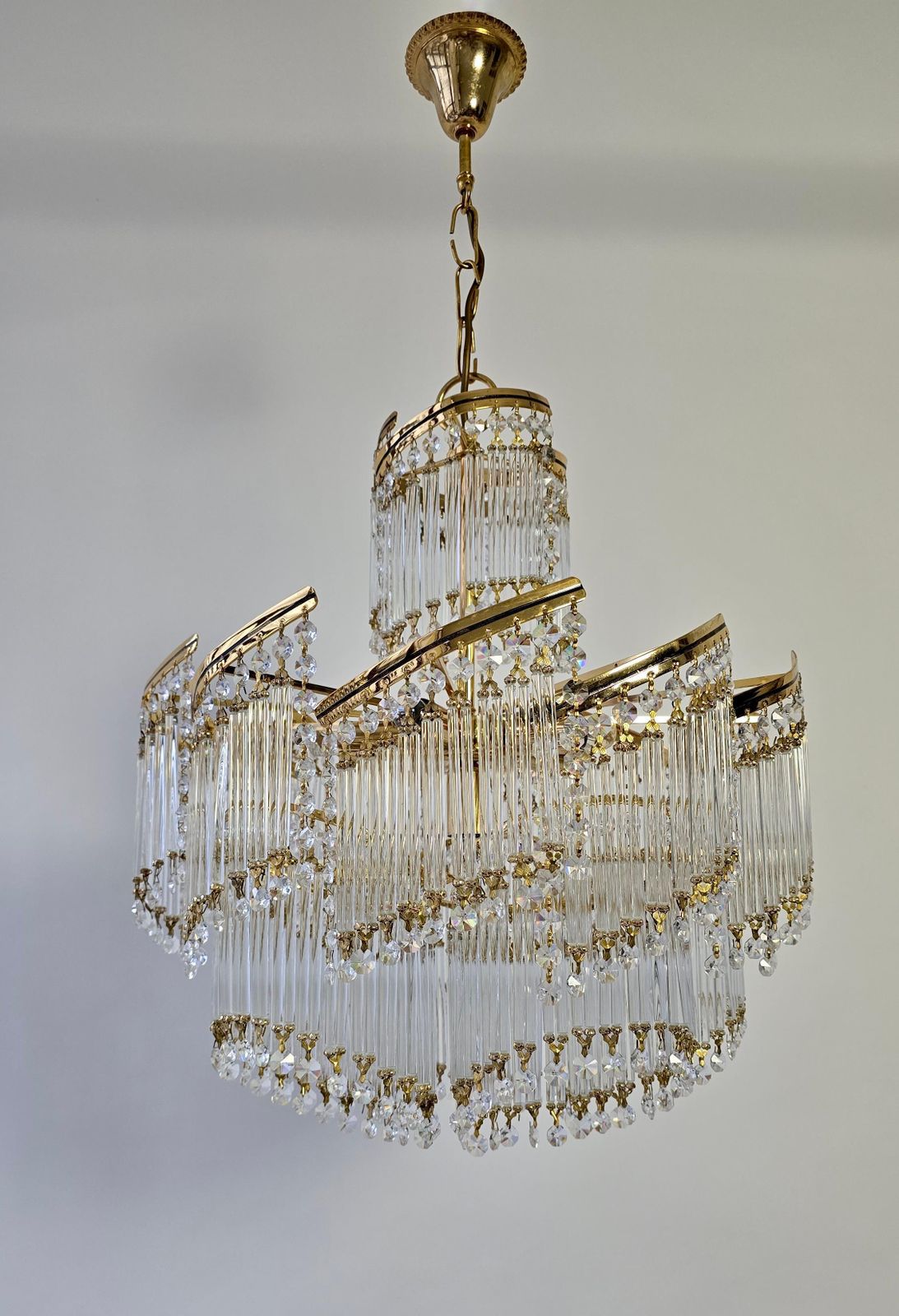 Spectacular Italian Chandelier – Undulating Elegance In Glass And Brass, 1970s photo for sale