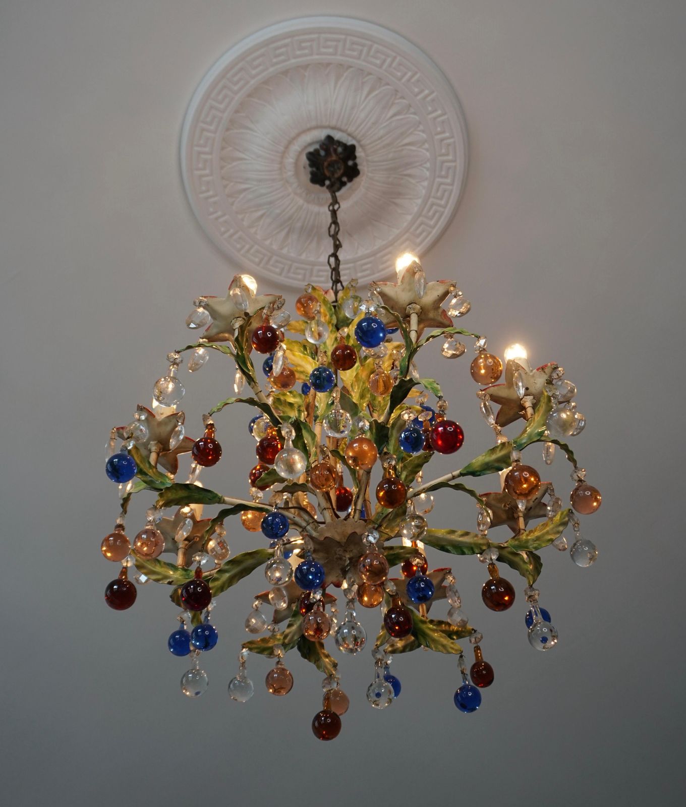 Italian Venetian Painted Metal Eight Light Chandelier With Murano Glass photo 3991.0