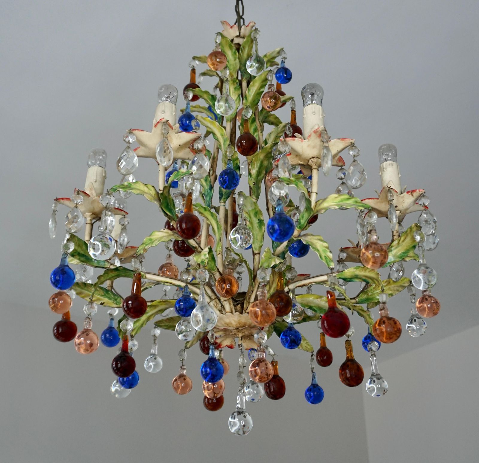 Italian Venetian Painted Metal Eight Light Chandelier With Murano Glass photo buy