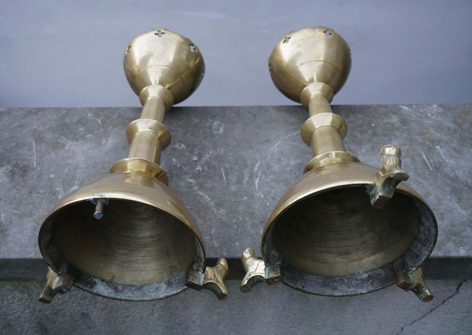 photo furniture Pair Of Gilt Bronze Gothic Revival Altar Pricket Candlesticks W. Lion Sculptures