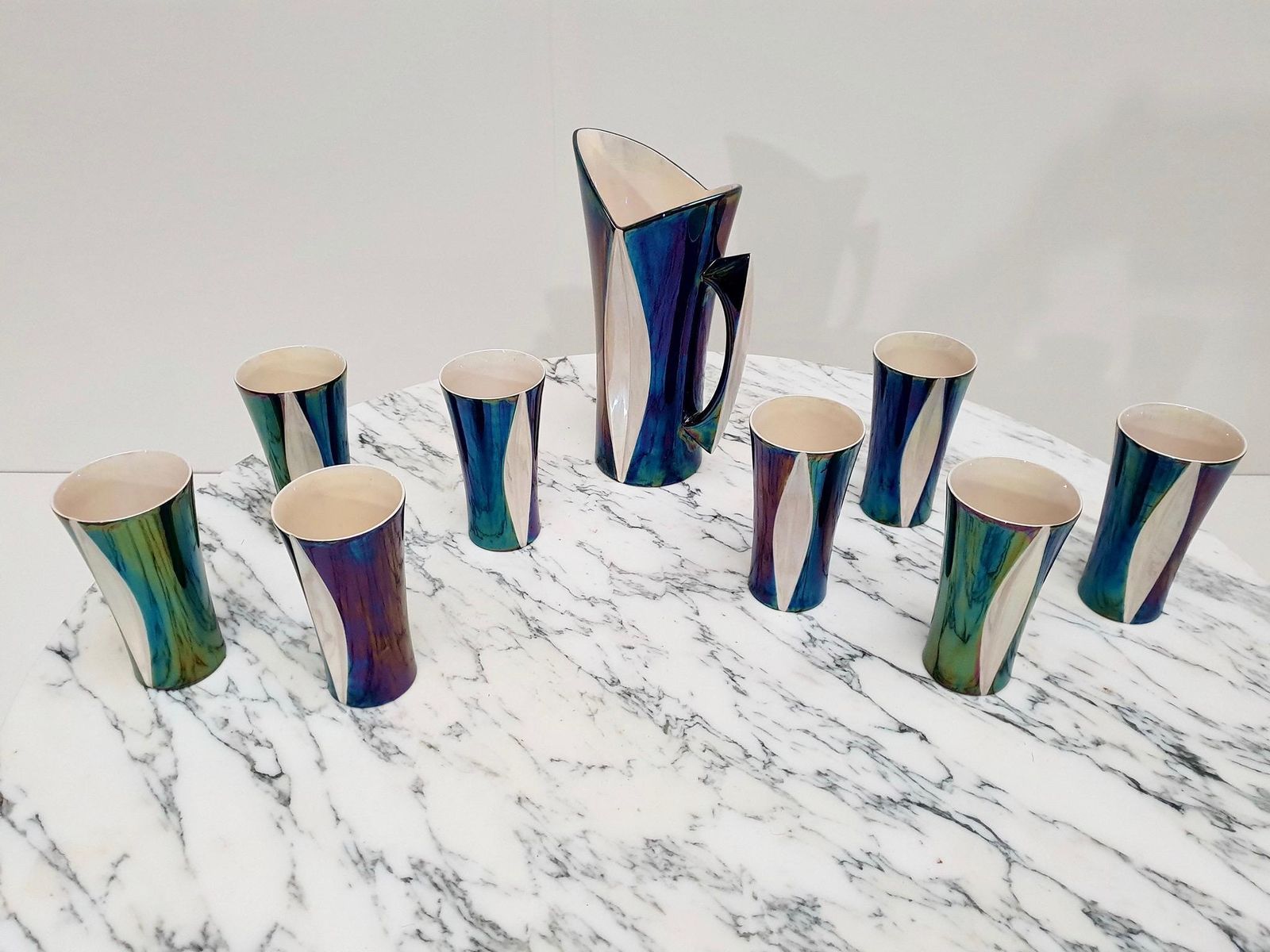 Mid 20th Century Iridescent Ceramic Drinks Set Of 9 Made In France, 1970s photo vinterior