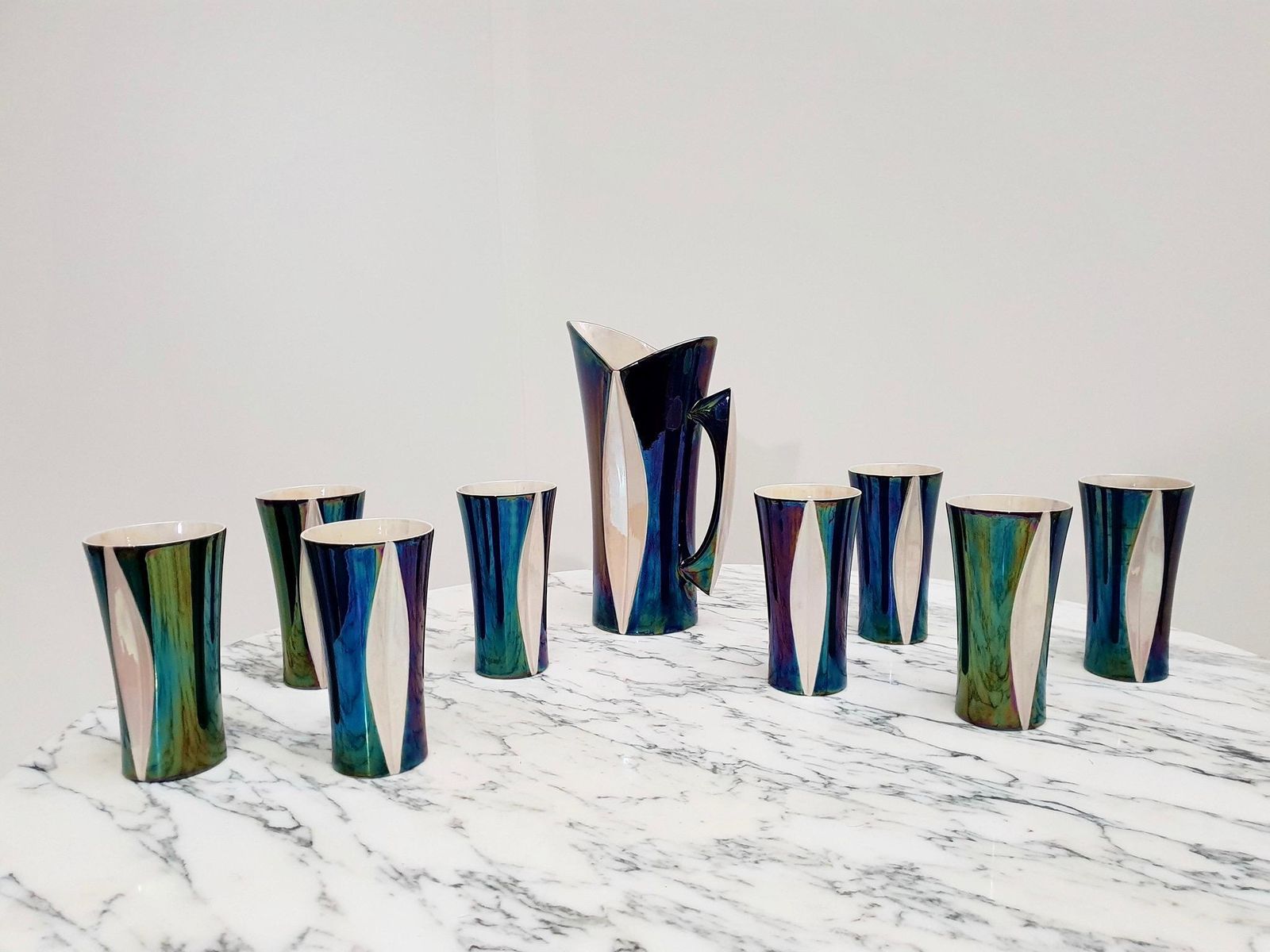 Mid 20th Century Iridescent Ceramic Drinks Set Of 9 Made In France, 1970s photo vintage