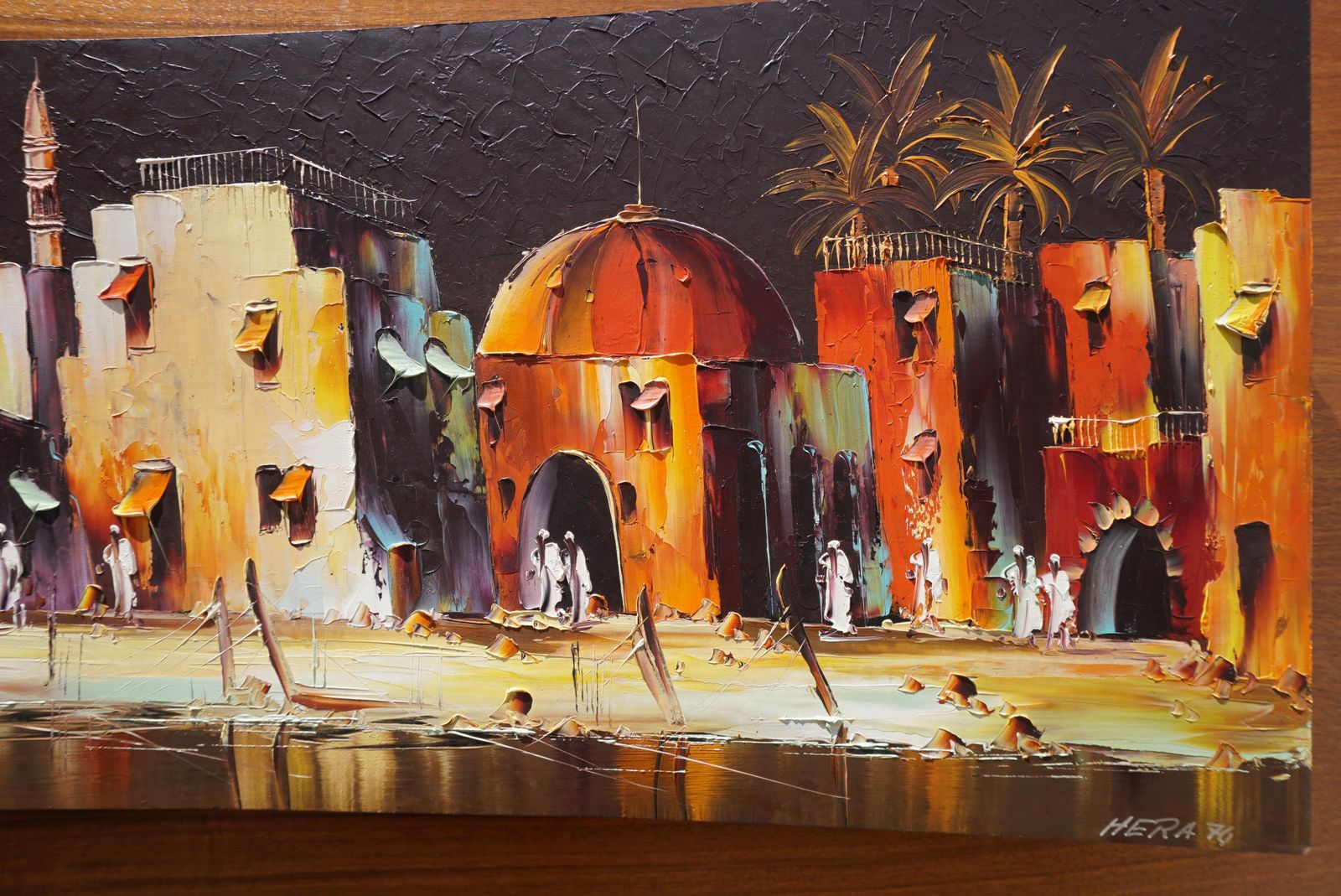 photo buy Colorful Painting With Arabic Landscape And Palm Trees   Signed Hera, 1970