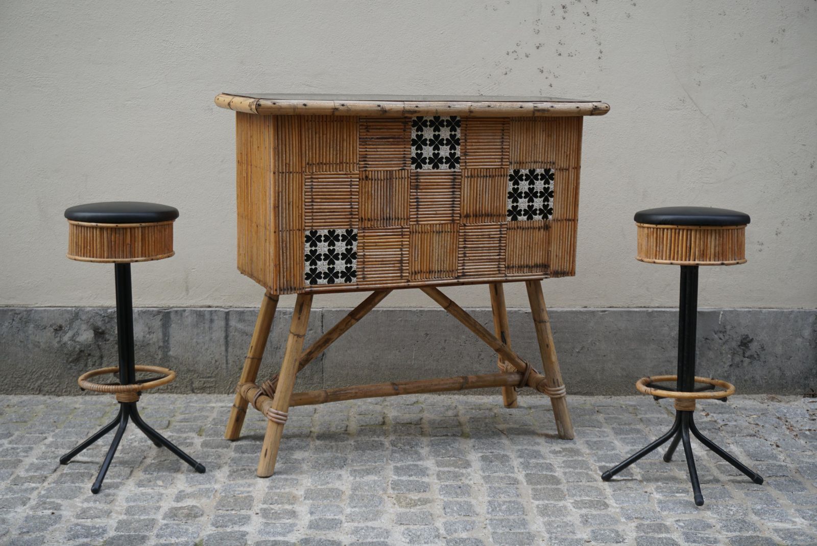 photo for sale 1950s Midcentury Rattan And Bamboo Tiki Bar With Two Stools