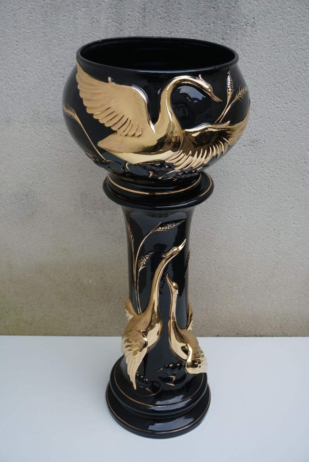 Italian Jardiniere On Pedestal With Swans photo Garden Decor