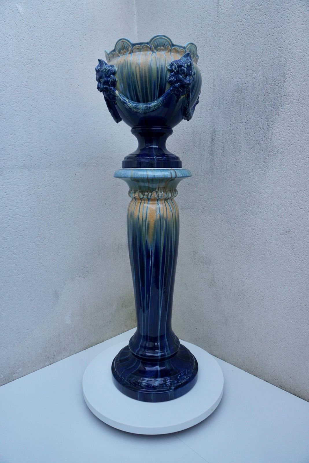 A Jardiniere On Column With Lion Head Decor In Flemish Earthenware Style photo furniture