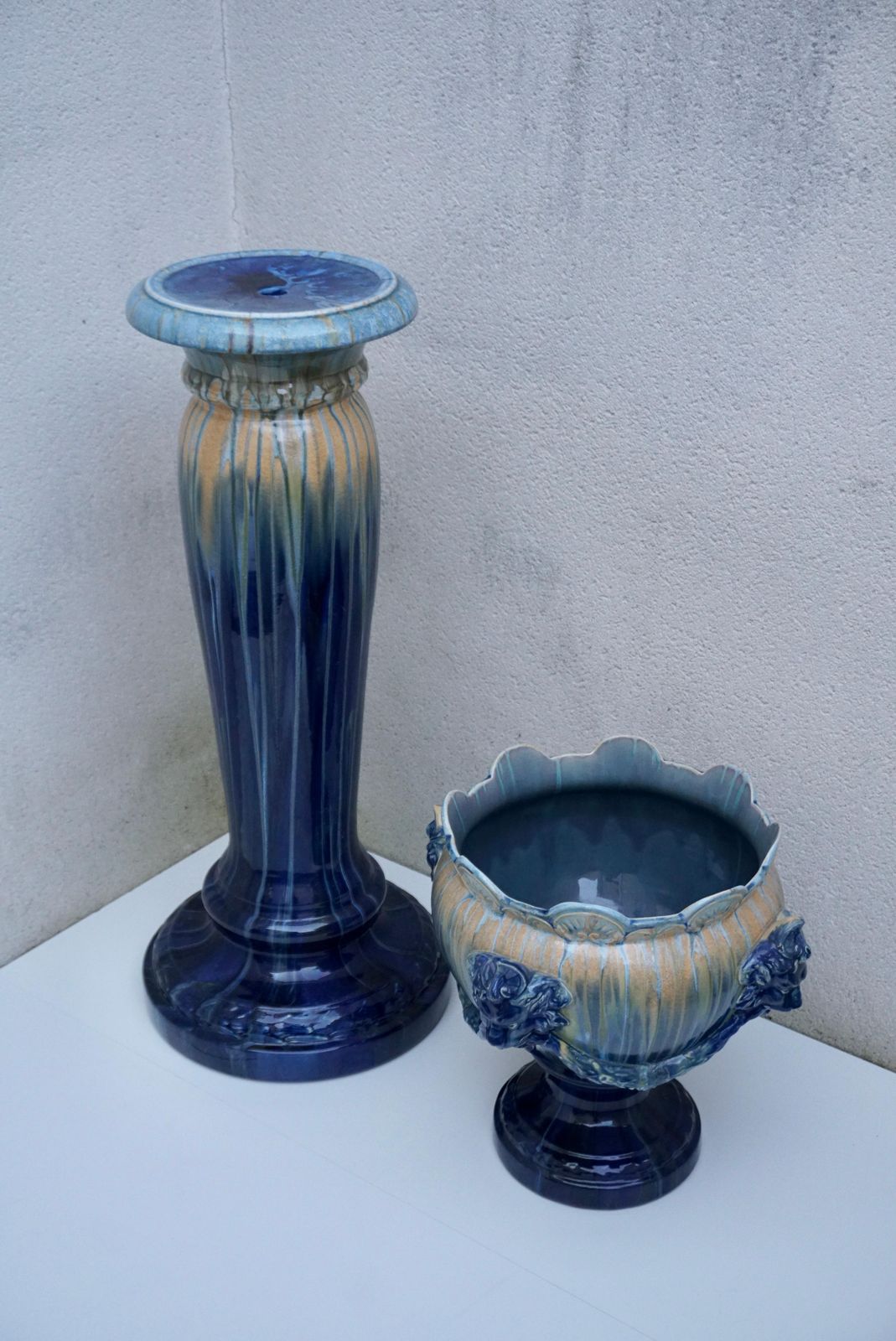 A Jardiniere On Column With Lion Head Decor In Flemish Earthenware Style photo buy