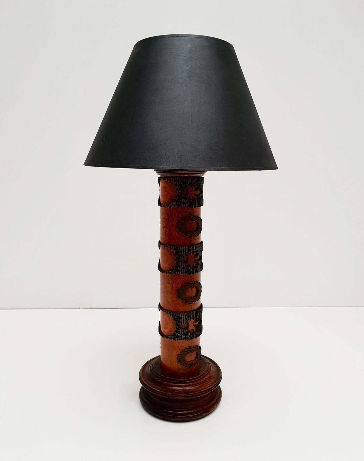 Table Lamp In Wood And Brass Made From An Old Stamp photo Lighting