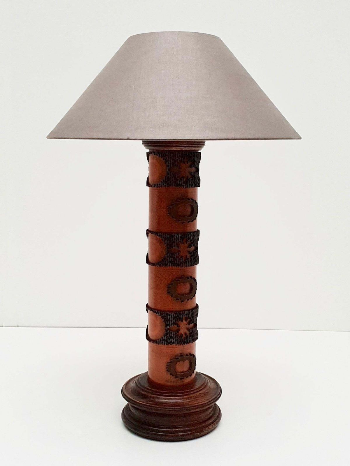 851.0 Table Lamp In Wood And Brass Made From An Old Stamp photo