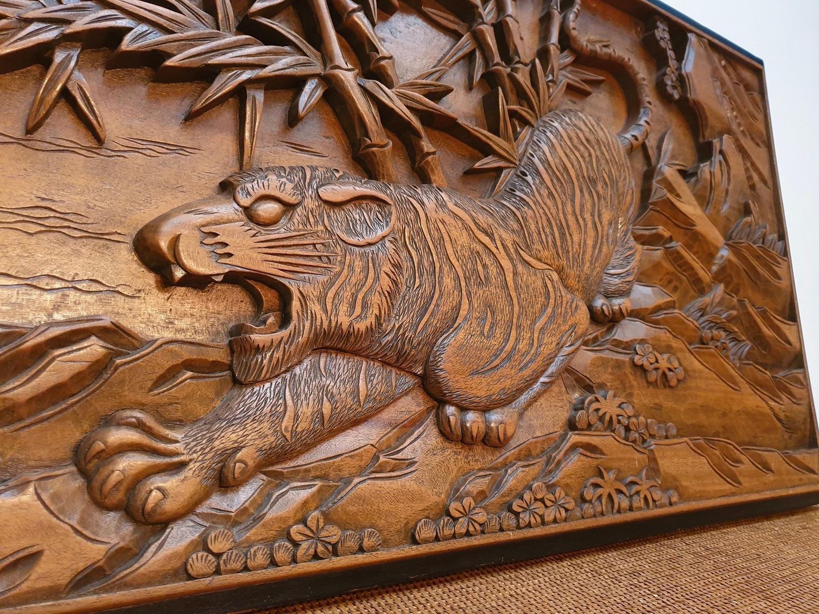 Chinese Carved Wood Wall Art From A Hunting Tiger photo vintage