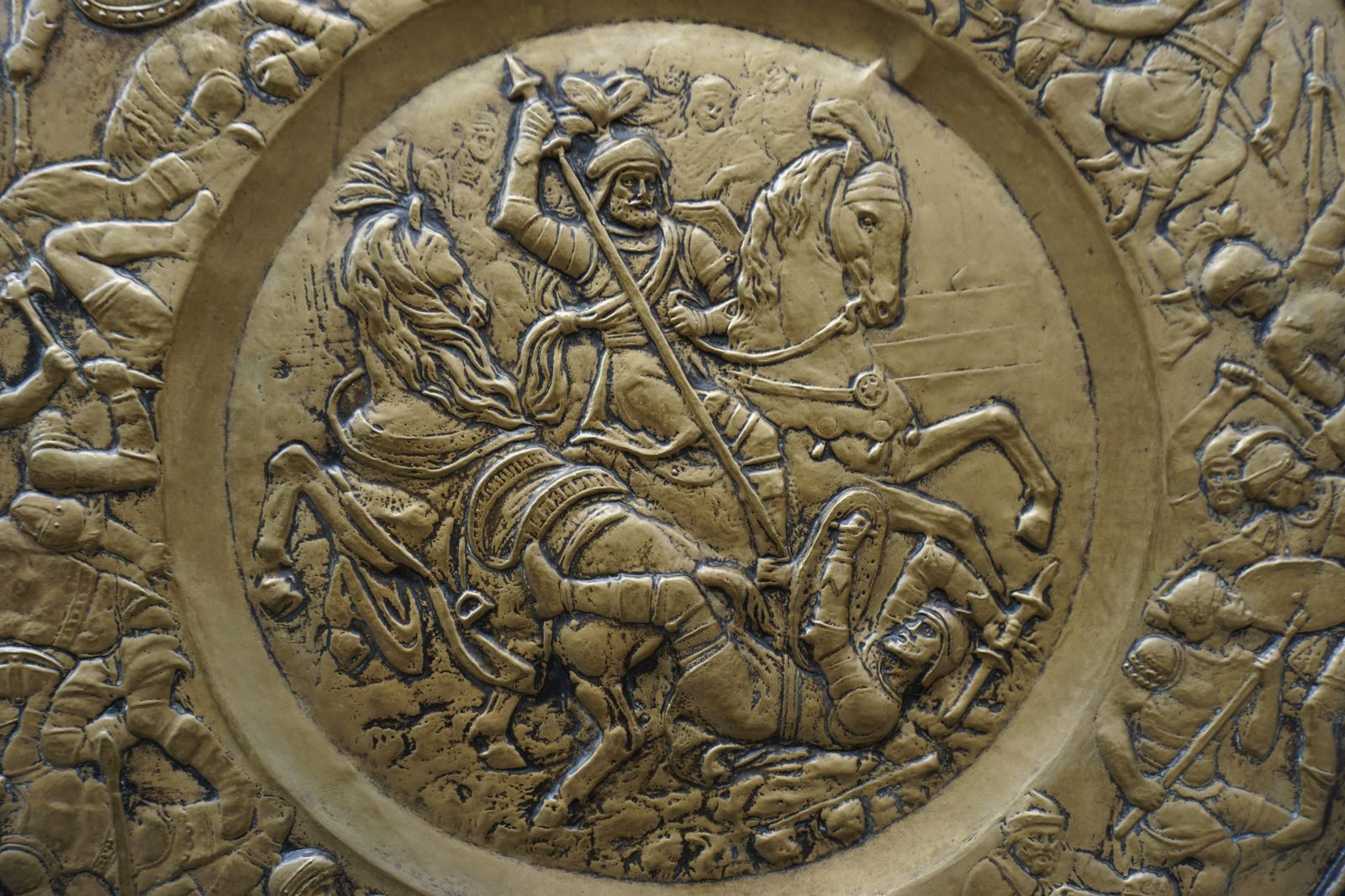 Hammered Copper Wall Relief Sculpture With Roman Warriors photo vinterior