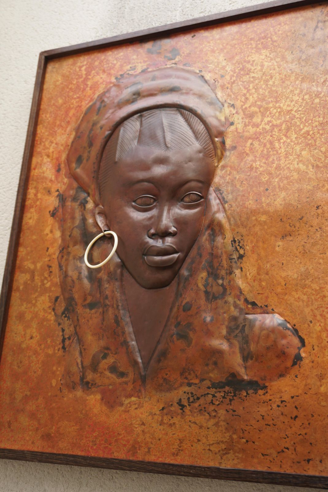 Beautiful Hammered Copper Bas Relief Of An African Woman photo vinterior