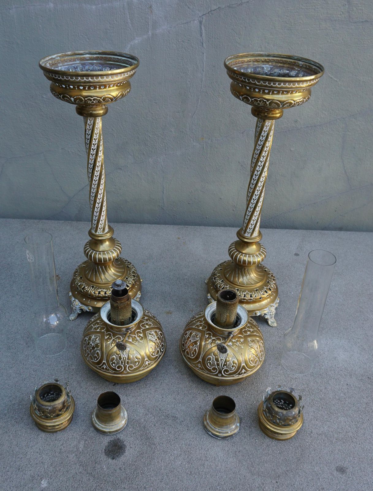 photo for sale Pair Of Antique Victorian Reeded Column Brass Oil Lamps