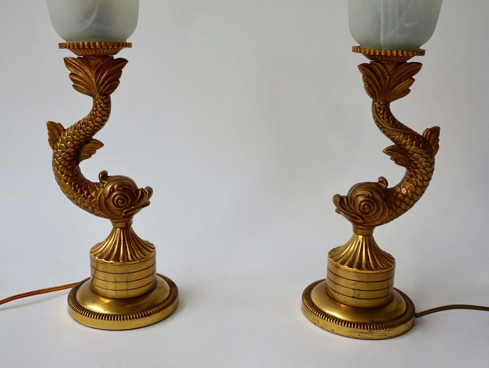 Pair Of 1950s Stylized Japanese Design Dragon Serpentine Koi Fish Table Lamps photo buy