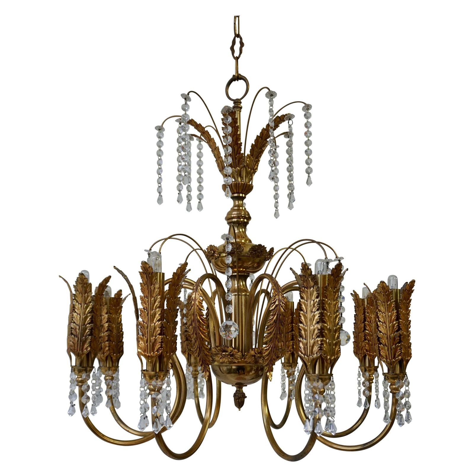Gilt Palm Leaf Hollywood Regency Chandelier With Crystal