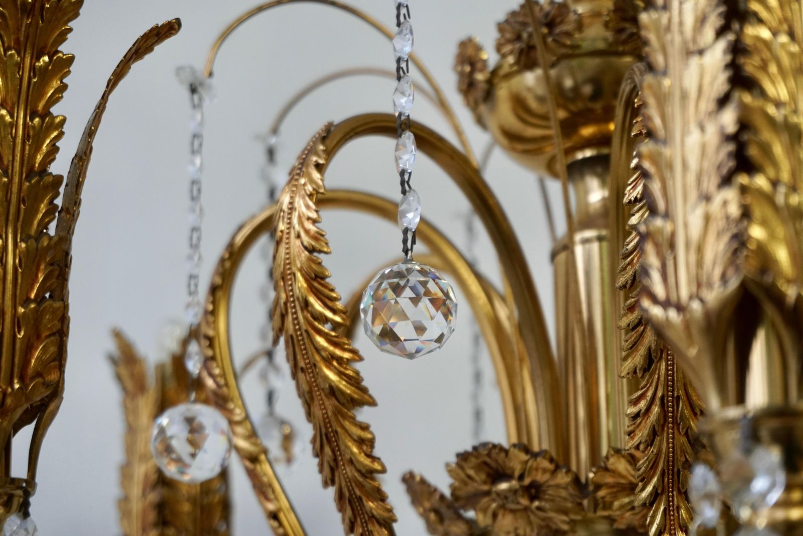 photo for sale Gilt Palm Leaf Hollywood Regency Chandelier With Crystal