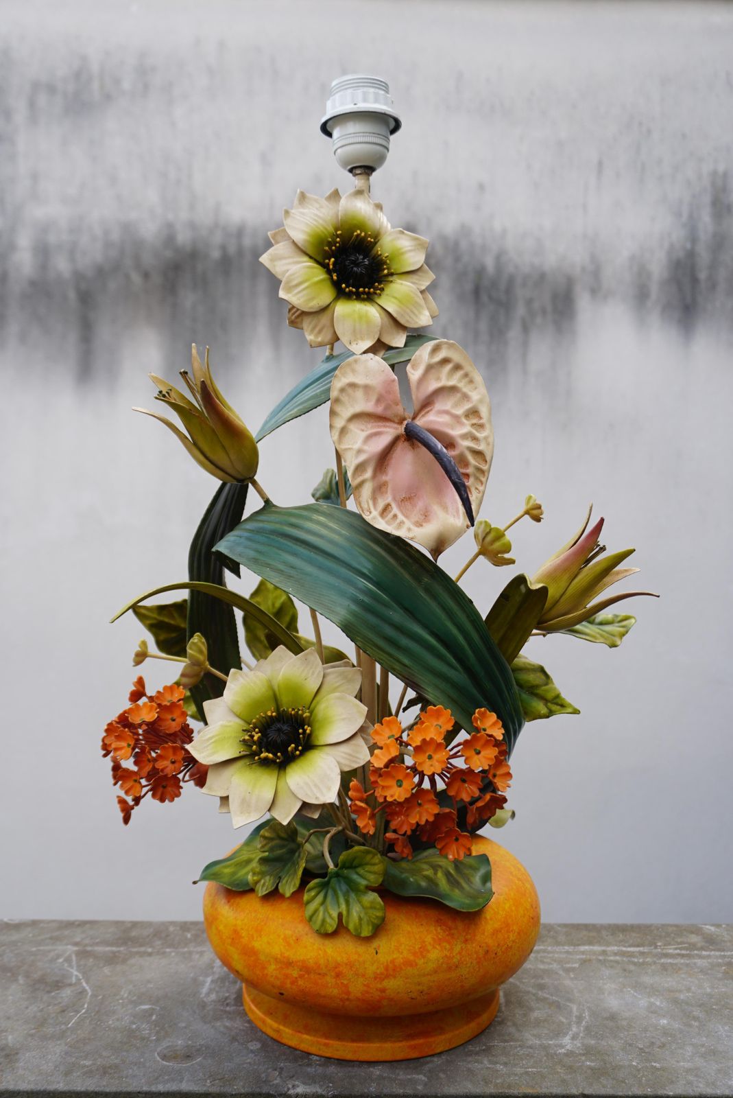 Vintage Tole Toleware Metal Art Flower Petite Lamp Italy Shabby Chic photo for sale