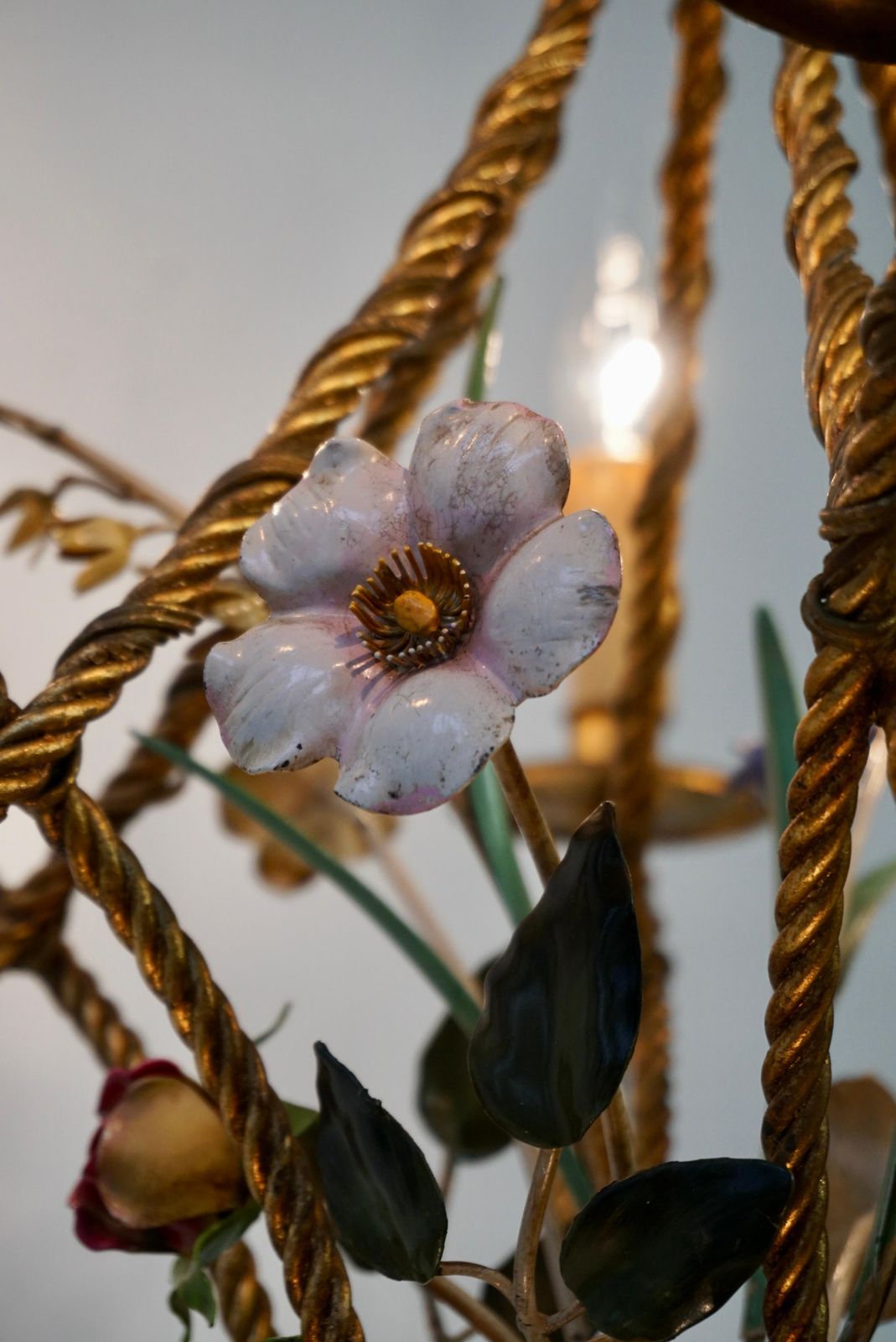 2 Italian Tole Flower Hollywood Regency Chandelier Florentine, 1950s photo vintage