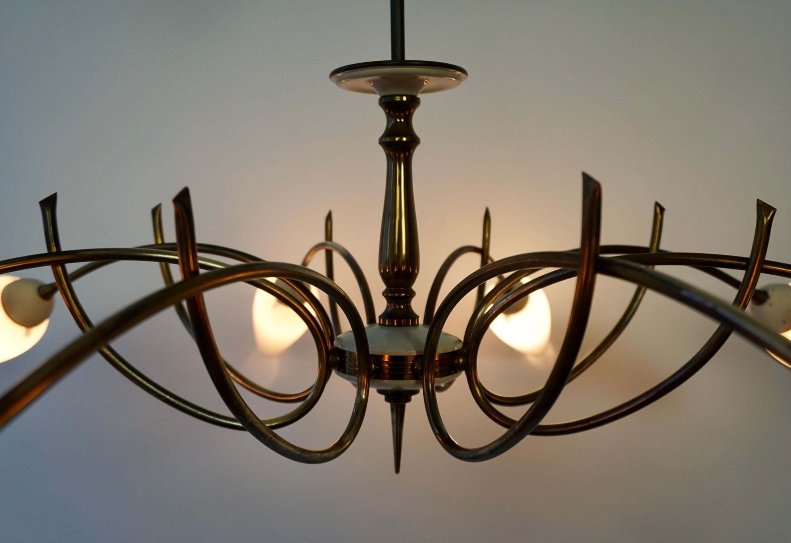Mid Century Italian Pendant Light In Brass And Glass photo vintage
