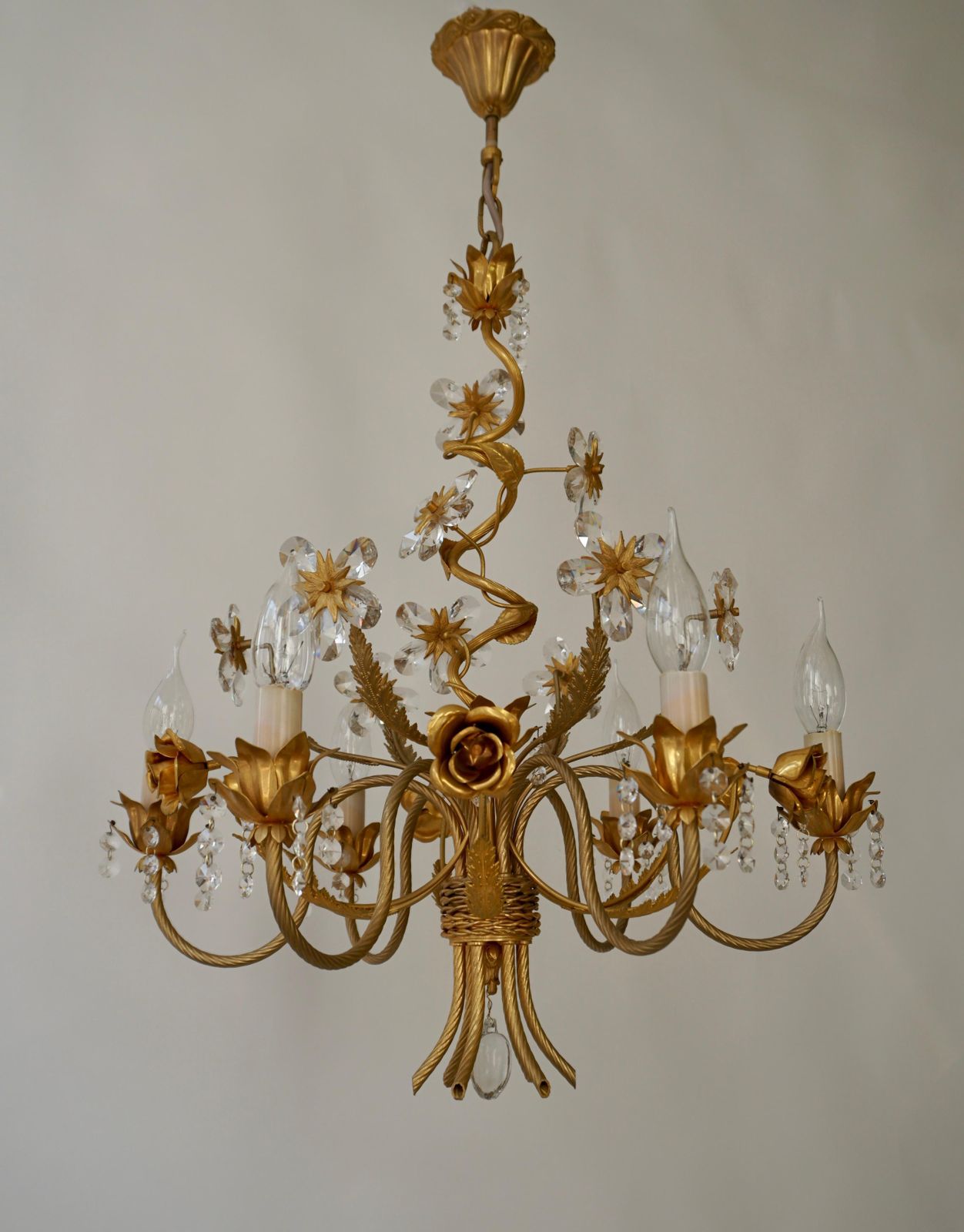 Hollywood Regency Chandelier With Gilded Roses And Crystal Flowers photo vinterior