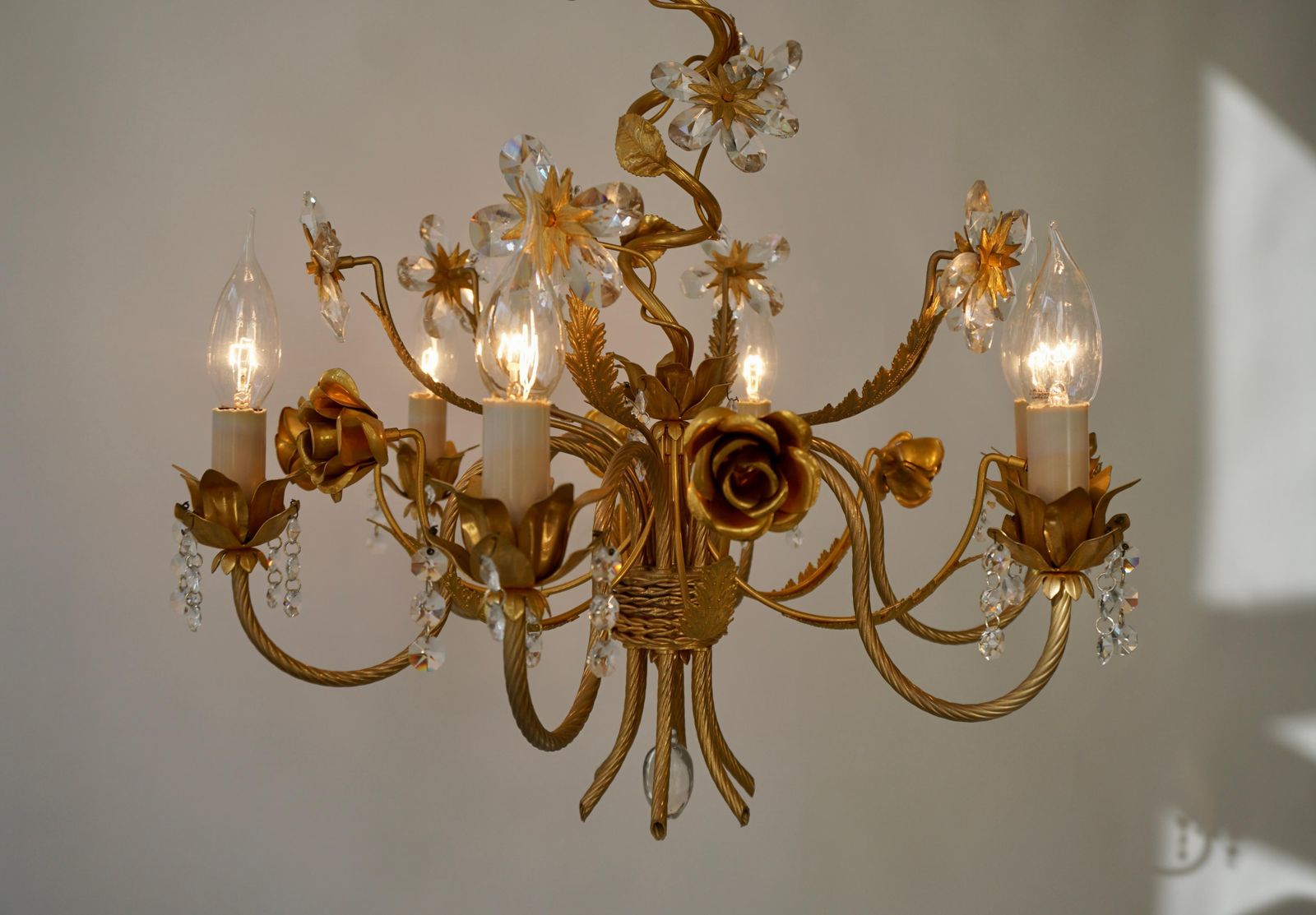 Hollywood Regency Chandelier With Gilded Roses And Crystal Flowers photo buy