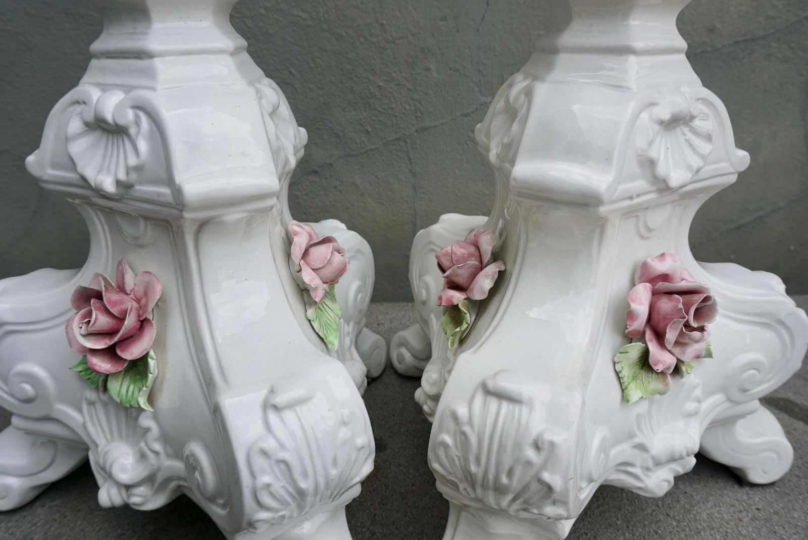 photo for sale Pair Of Midcentury Italian Rococo Style White Porcelain Lamps