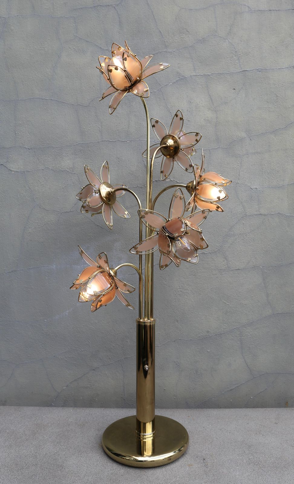 Hollywood Regency Glass And Brass 6 Arm Tulip Lotus Lamp 1970s photo Lighting