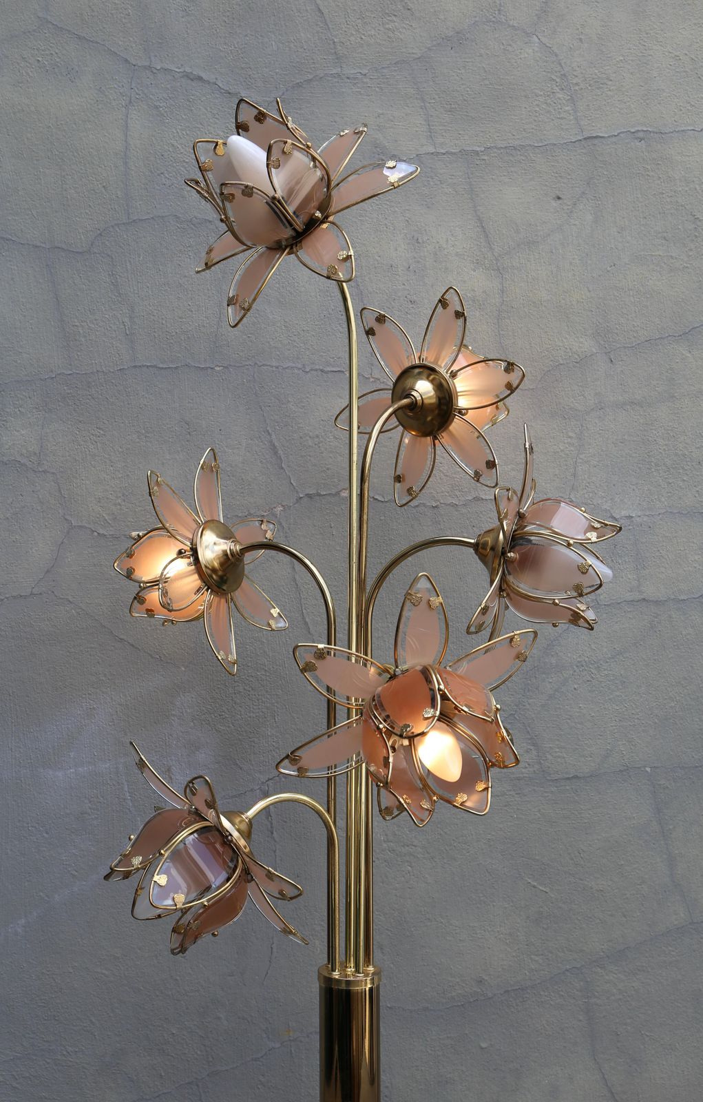 Hollywood Regency Glass And Brass 6 Arm Tulip Lotus Lamp 1970s photo buy