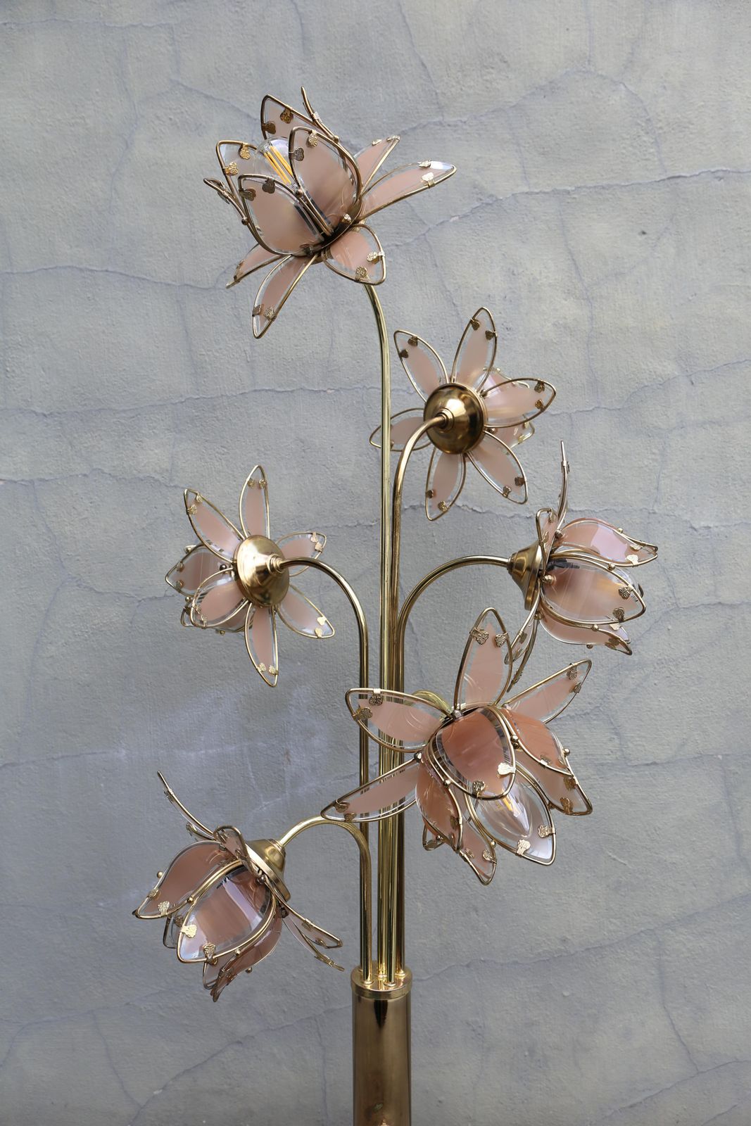photo for sale Hollywood Regency Glass And Brass 6 Arm Tulip Lotus Lamp 1970s