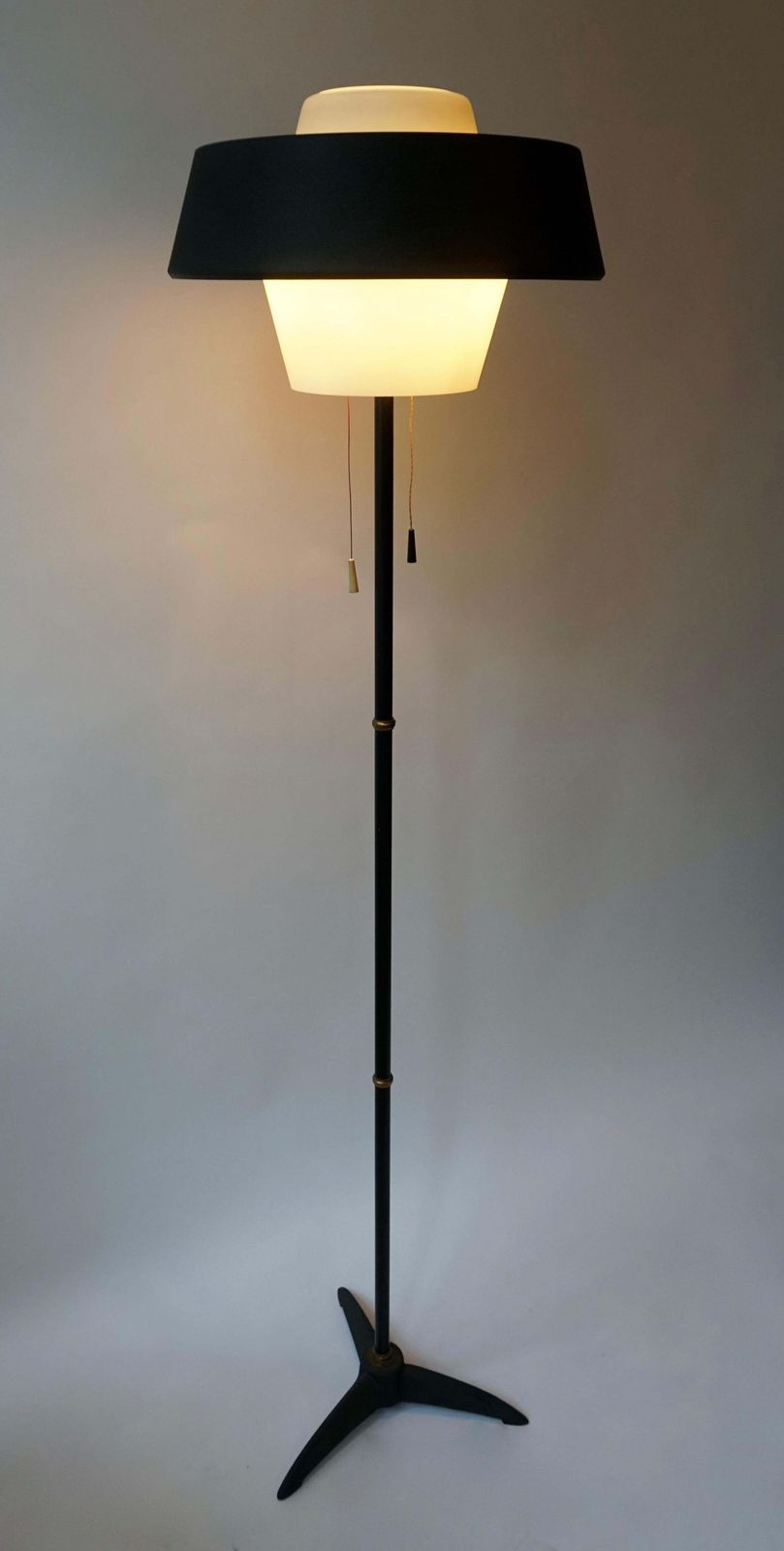 Rare Black Metal And Opaline Floor Lamp By Louis Kalff, The Netherlands 1950s photo vinterior