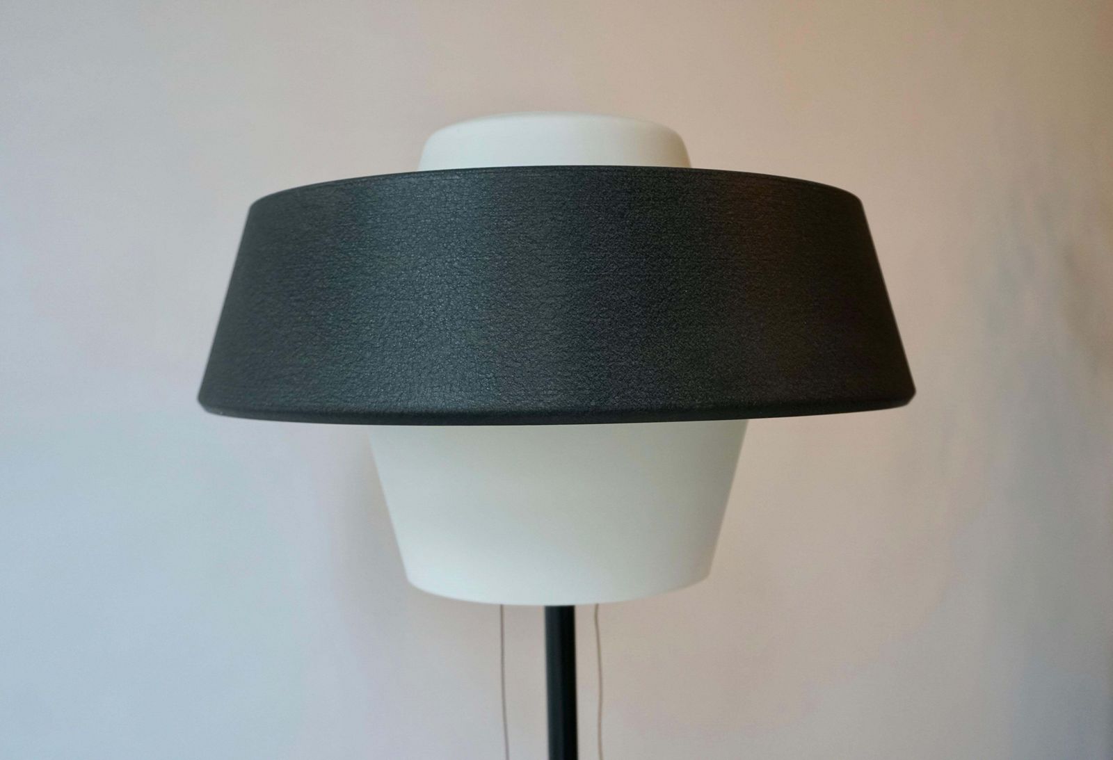 photo for sale Rare Black Metal And Opaline Floor Lamp By Louis Kalff, The Netherlands 1950s