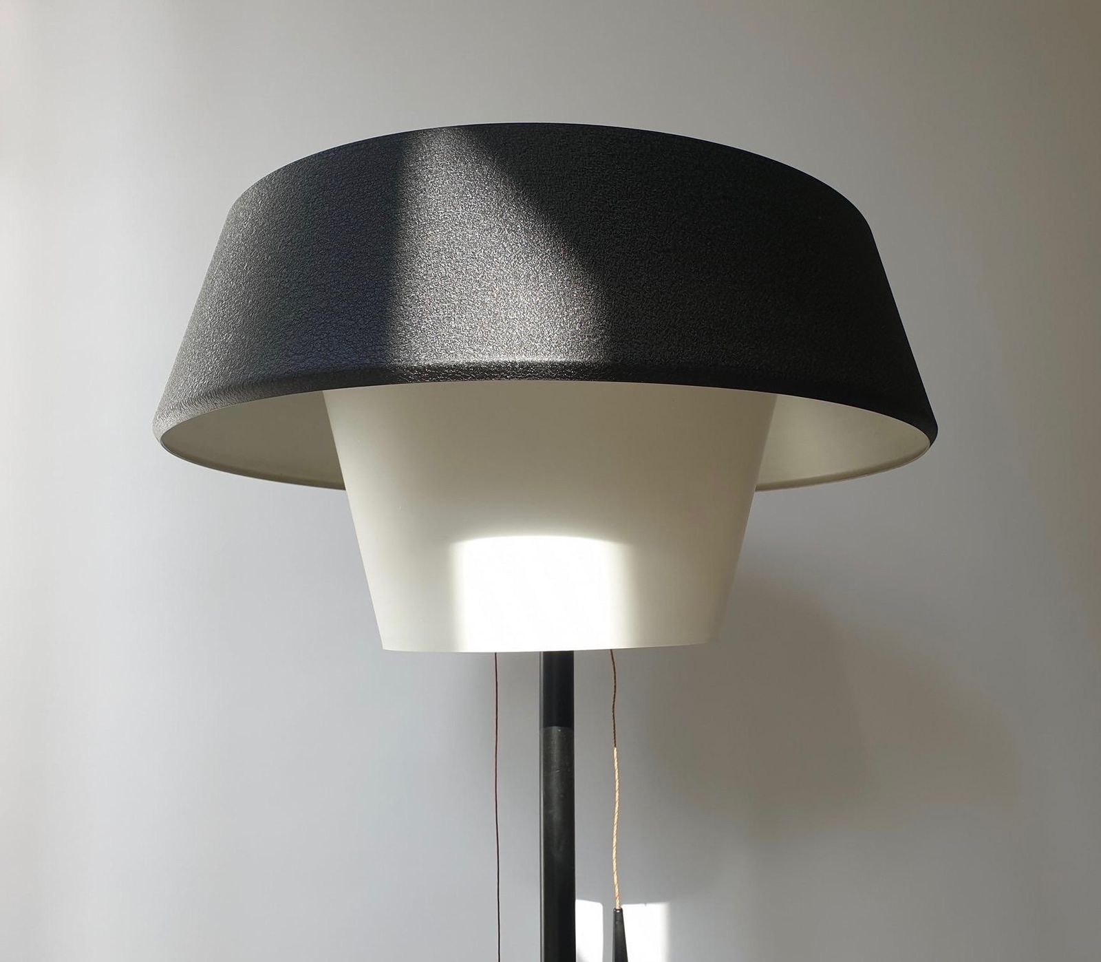 photo vinterior Rare Black Metal And Opaline Floor Lamp By Louis Kalff, The Netherlands 1950s