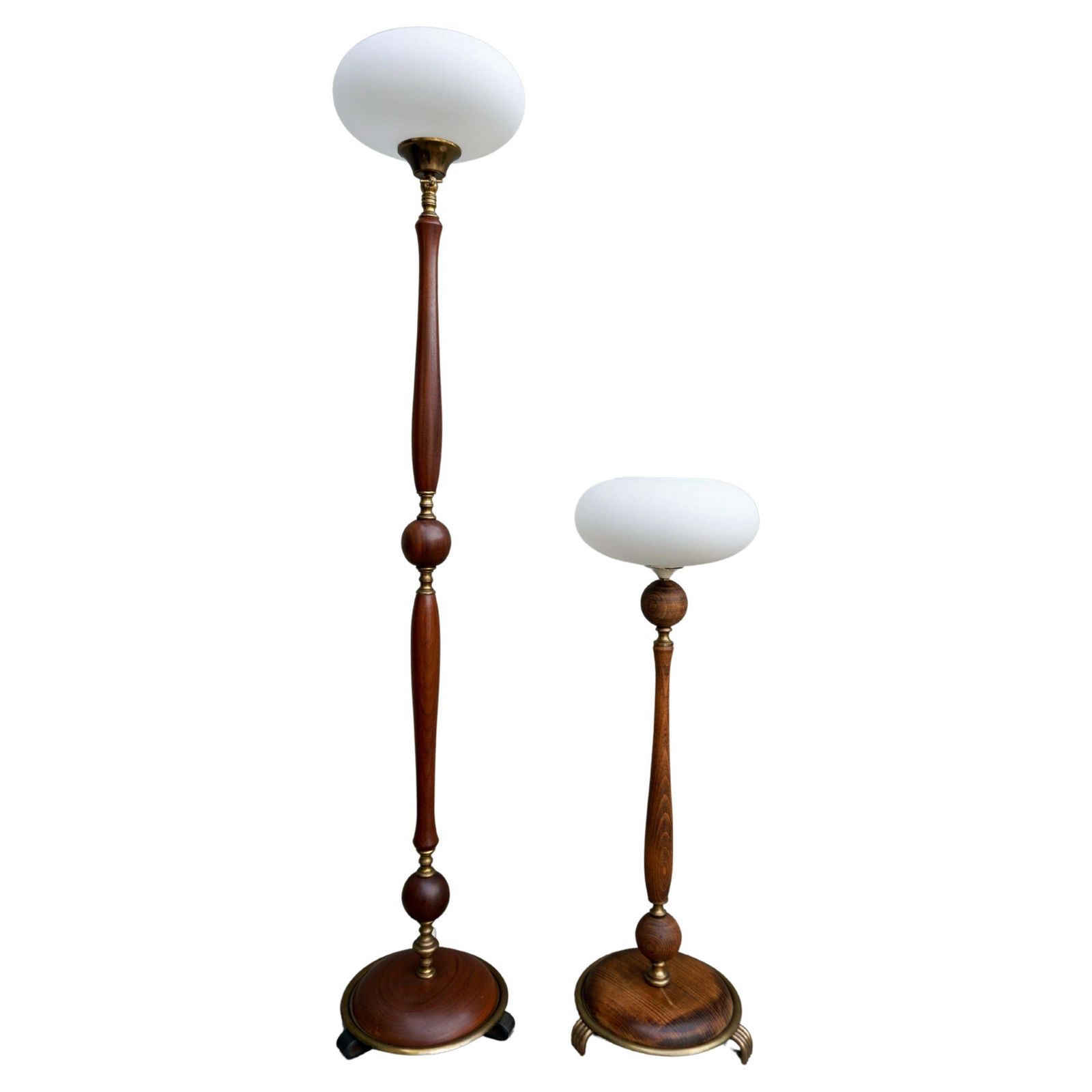 Adjustable Floor Lamp And Table Lamp Set In Wood And Brass With Glass Shades