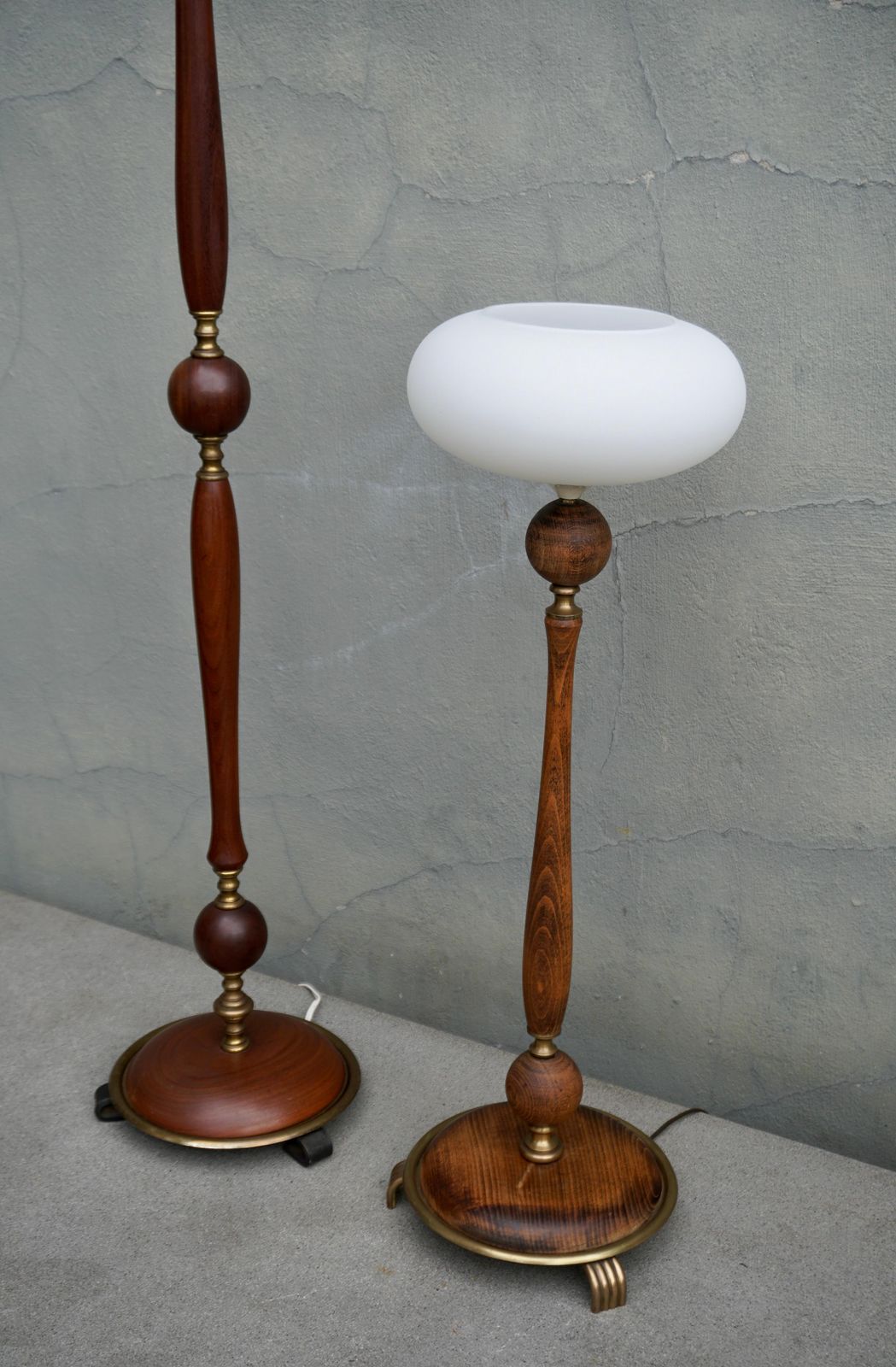 photo for sale Adjustable Floor Lamp And Table Lamp Set In Wood And Brass With Glass Shades