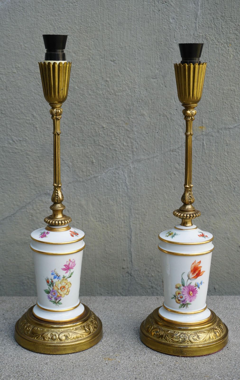 A Pair Of French Porcelain And Brass Floral Lamps photo for sale