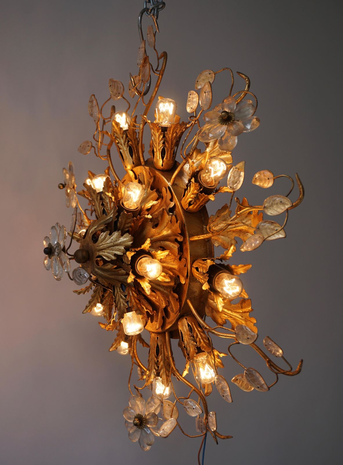 Gilt Metal Leaf Sunburst Flush Mount Lamp With Glass Flowers, Italy, 1960s photo vintage