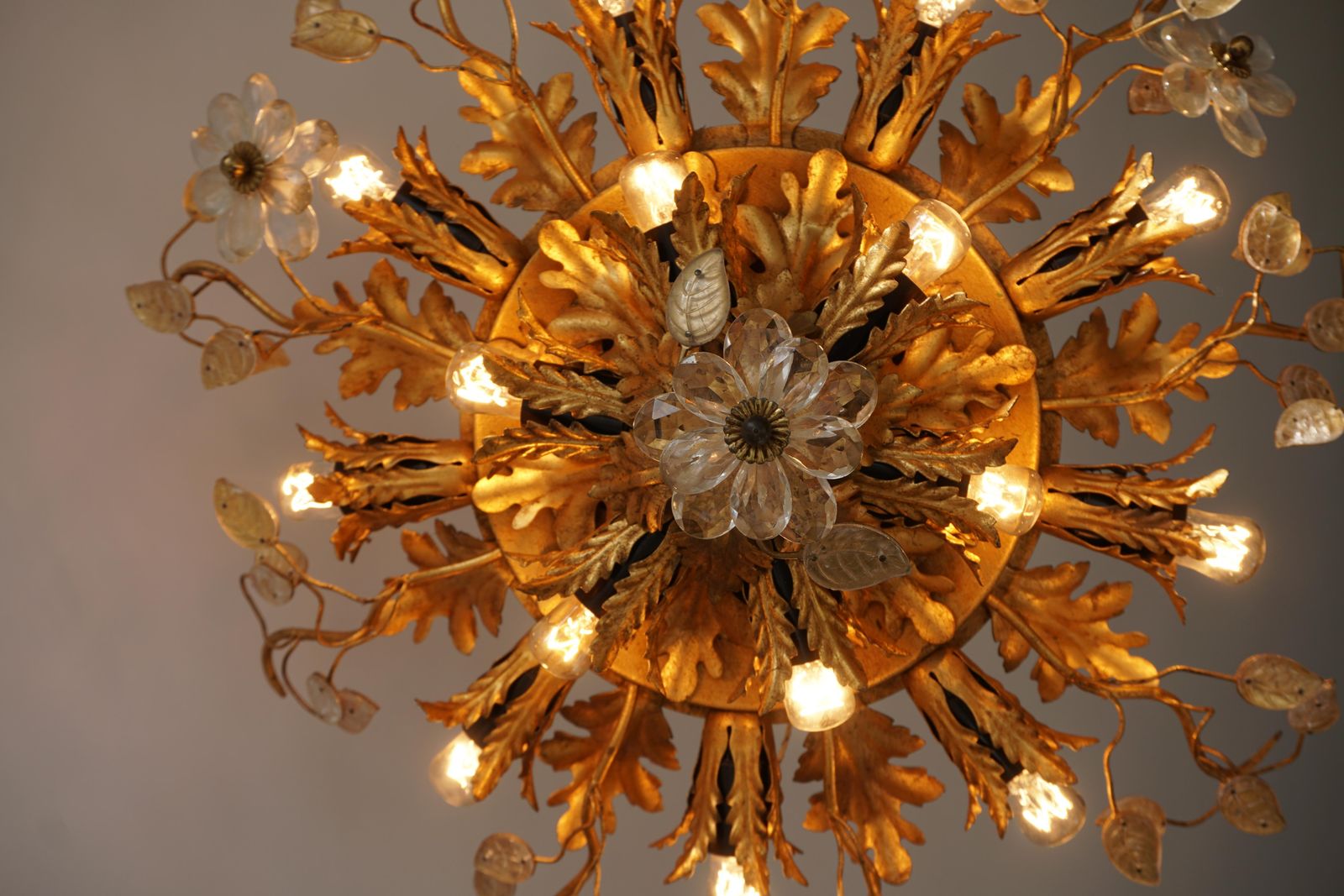 photo for sale Gilt Metal Leaf Sunburst Flush Mount Lamp With Glass Flowers, Italy, 1960s