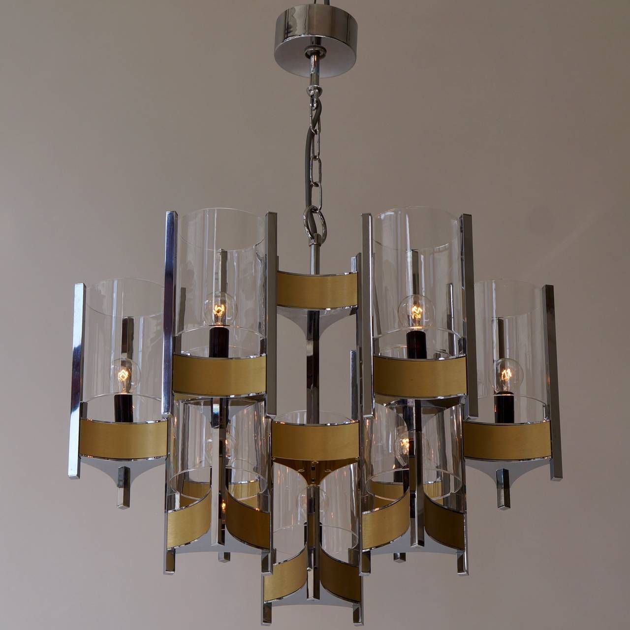 Set Of Four Nine Light Chrome And Glass Chandeliers By Gaetano Sciolari, 1970s photo furniture