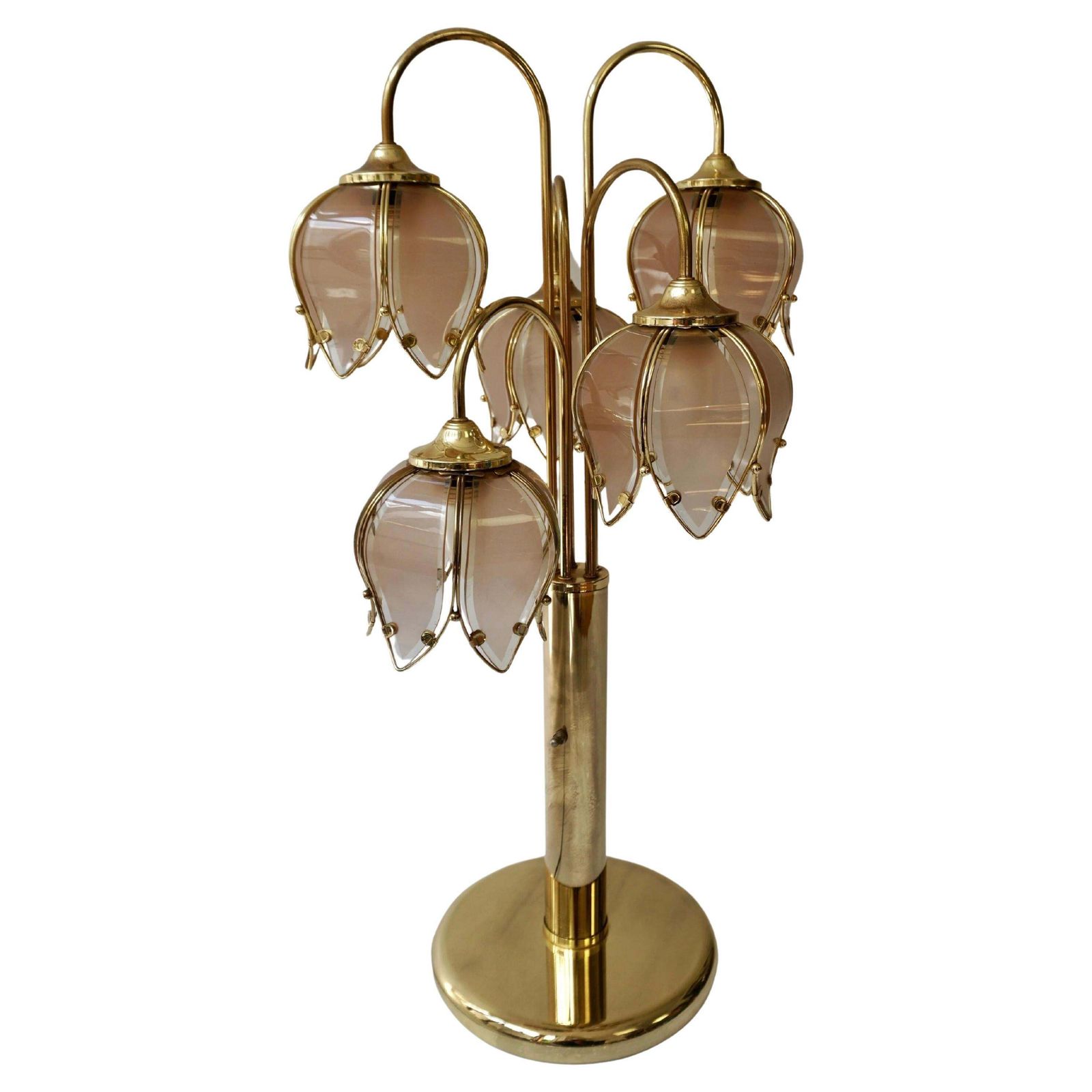 Hollywood Regency Glass And Brass 5 Arm Tulip Lotus Lamp 1970s