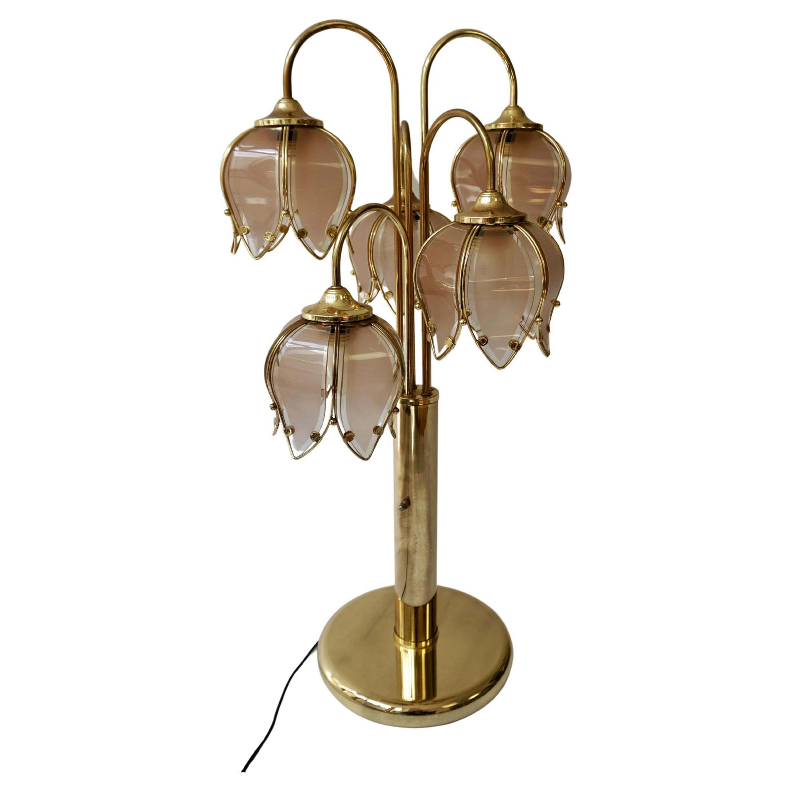 Hollywood Regency Glass And Brass 5 Arm Tulip Lotus Lamp 1970s photo furniture