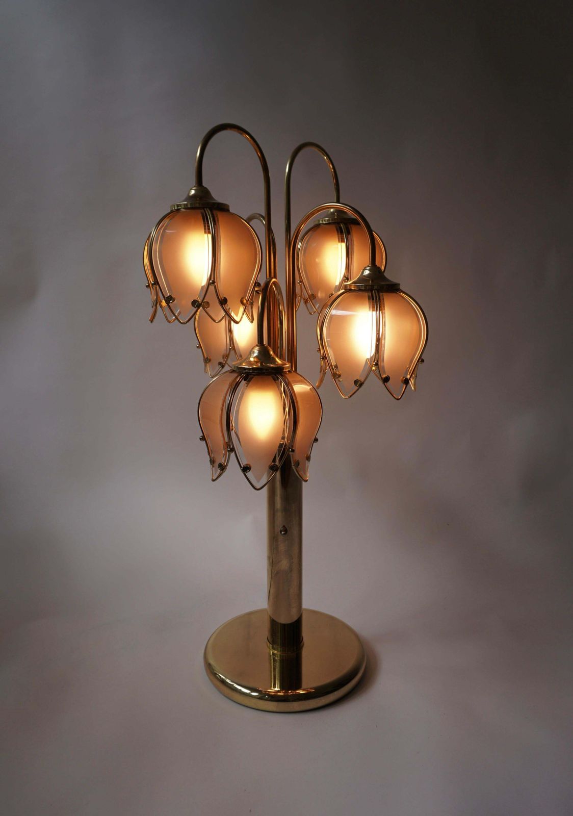 Hollywood Regency Glass And Brass 5 Arm Tulip Lotus Lamp 1970s photo vintage